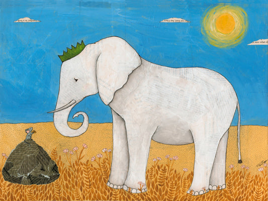 Elephant and Mouse Whimsical Print Artist:  Tara Pappas  Print from Original artwork  Mouse offering an Elephant a piece of food  Print that can be framed   12" wide x 16" long x 1/16" deep  These prints are a great way to make a person smile with their whimsical designs and would be great in any room or on the fire place mantel  