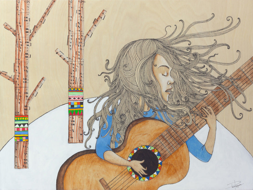 Print from Original artwork  Girl playing guitar in the trees  Print that can be framed   12" wide x 16" long x 1/16" deep  These prints are a great way to make a person smile with their whimsical designs and would be great in any room or on the fire place mantel  