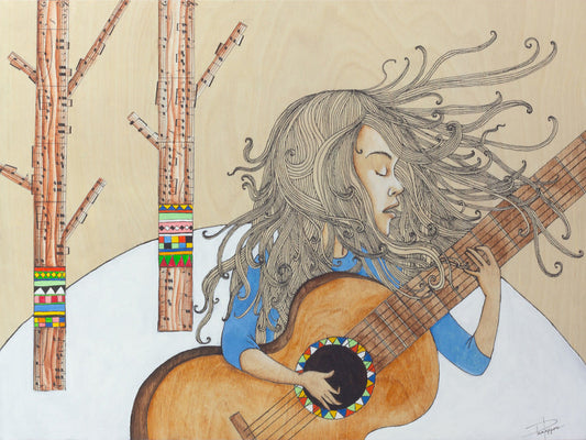 Print from Original artwork  Girl playing guitar in the trees  Print that can be framed   12" wide x 16" long x 1/16" deep  These prints are a great way to make a person smile with their whimsical designs and would be great in any room or on the fire place mantel  