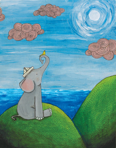 " A Journey's End " Large Whimsical Print Artist:  Tara Pappas  Print from Original artwork  Elephant holding a little yellow bird on its trunk  Print that can be framed   11" wide x 14" long x 1/16" deep  These prints are a great way to make a person smile with their whimsical designs and would be great in any room or on the fire place mantel  