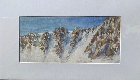" Snowy Range Mountains " Original Watercolor Watercolor Artist: Svetlana Howe Snowy Range Mountains outside of Laramie Wyoming in snow  Winter scene  14" long x 7" high original watercolor painting  19" long x 11" high in white matting  Matted in a white mat  Ready for a frame