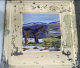 paiting on antique ceiling tile. horse on spirit Wind horse rescue. snow and mountains