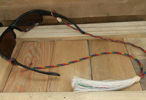 hand braided horshair sunglasses strap. dyed hair in rainbow colors