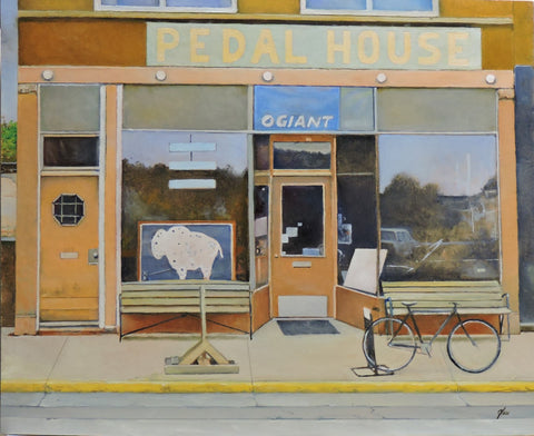 The Bike Shop: The Pedal House Artist: Jerry Glass  Original Oil Painting  Framed  Frontal view of Laramie, Wyoming's Pedal House  First Street  24" x 18"
