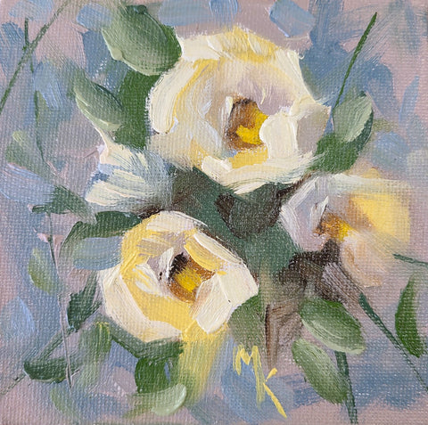 4" x 4" Original Oil Painting of white roses  Bluish background with green leaves  Painted on a canvas panel  Ready for a frame or display on an easel