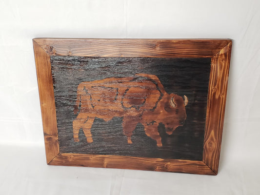 Wall Plaque- Framed Wood Burned Buffalo