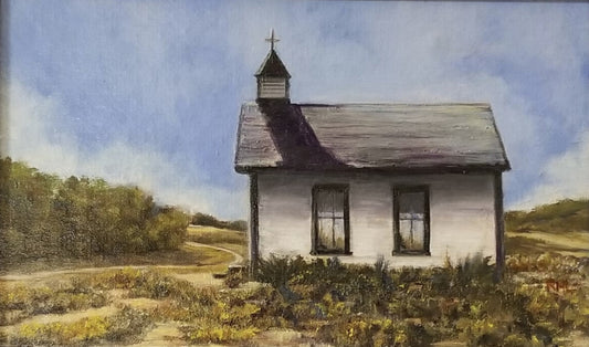 This quaint little historical church is found south of Laramie on highway 287  Historical image of Virginia Dale Church  Blank card with envelope  Image from an original oil painting by the artist  5" long x 7" high  The original was hand painted by the artist and is printed on the card   Artist photograph and information on the back of the card