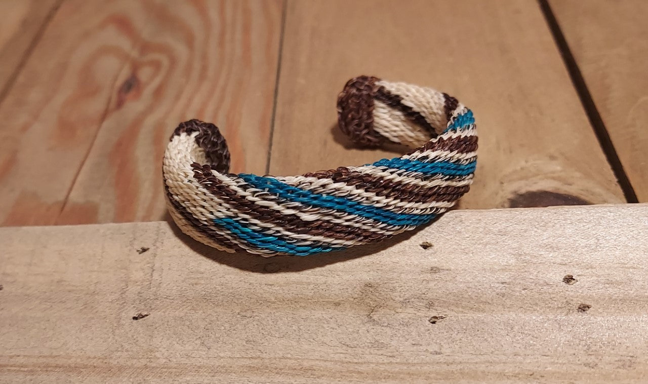 hitched horsehair cuff bracelet in teal, white and brown