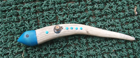 Antler with a blue painted wooden " bird head " attached  Blue beads attached along the antler  Small " wishing bottle " inserted into the anter  7.75" long x 1" wide x 1" high