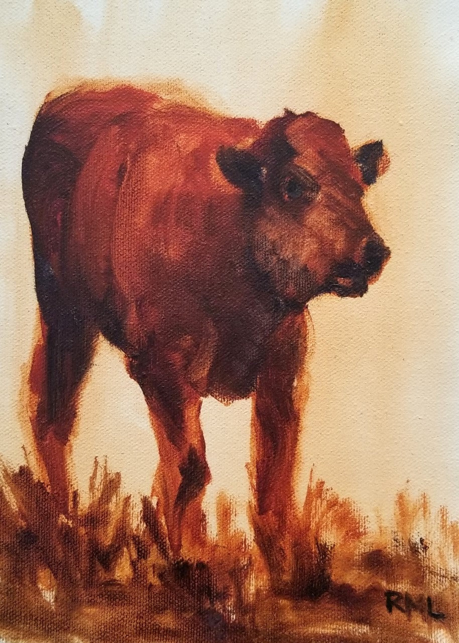 Blank card with envelope  Young buffalo calf in browns  5" long x 7" high  Print of an original oil painting by the artist