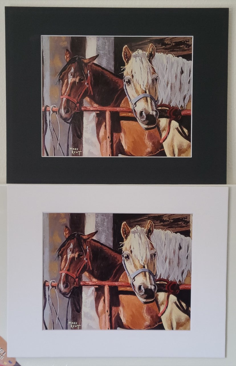 " Buddies " Horses Matted Print. Bay and Palomino horses standing at a hitch rail