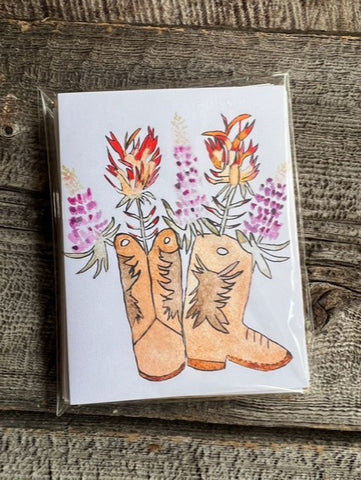 Cowboy Boots With Indian Paintbrush And Lupin Watercolor Card