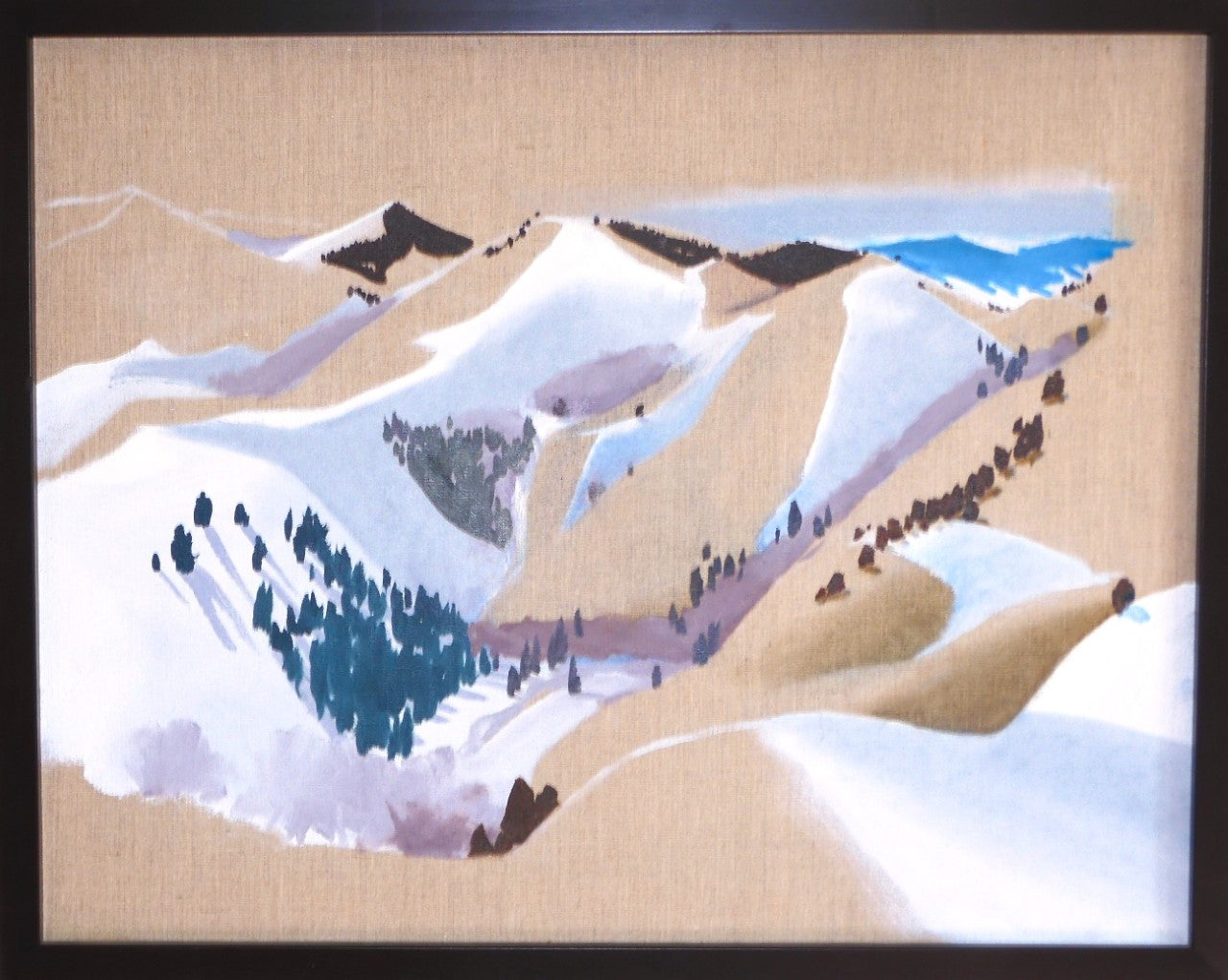 Original oil on linen  Snow on the foothills  Painted on open canvas allowing the linen to become part of the painting  Framed in a black wooden frame  28" long x 22" high original oil  D-ring and wire on the back for hanging