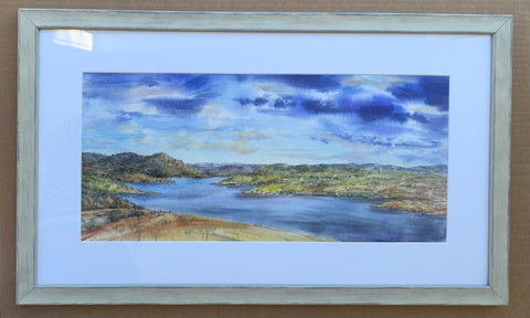 Original watercolor painting  Plein air watercolor was painted while in Curt Gowdy Park between Laramie and Cheyenne Wyoming  Waters run through the high plains of Curt Gowdy State Park while a storm builds in the clouds in the distance  26 1/2" long x 15 3/4" high x 3/4" wide as framed  Matted in a white mat  Framed in a light cream washed gray wooden frame  D-ring and wire on the back of the frame for hanging