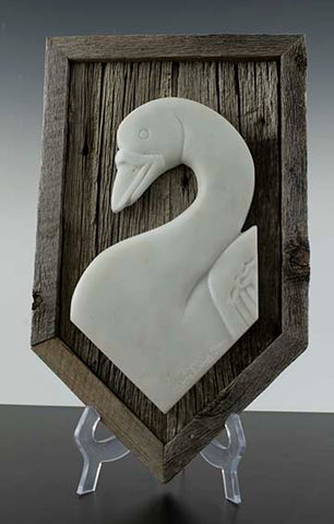 " Swan " Marble Sculpture On Barnwood