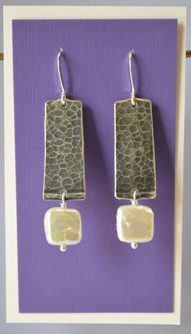 Pearl Squares on Hammered Silver Plate Earrings