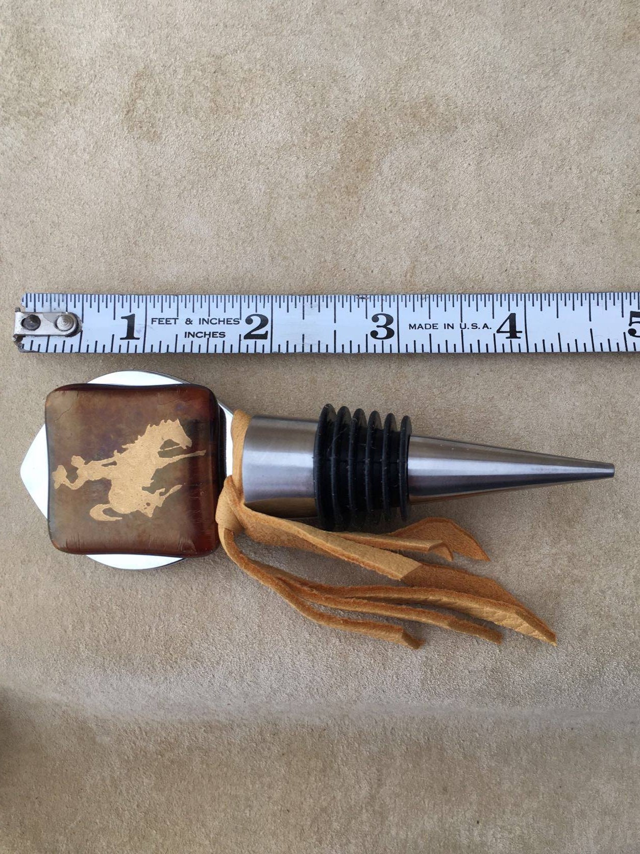 Cowboy Bucking Horse Bottle Wine  Stopper, Brown fused glass  and buckskin accent